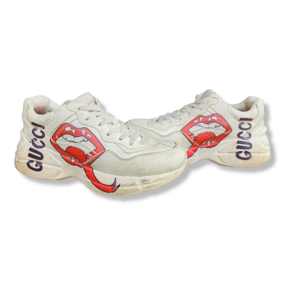 Gucci Women's White Rhyton Leather Sneakers With Maxi Mouth Print Size 39 9